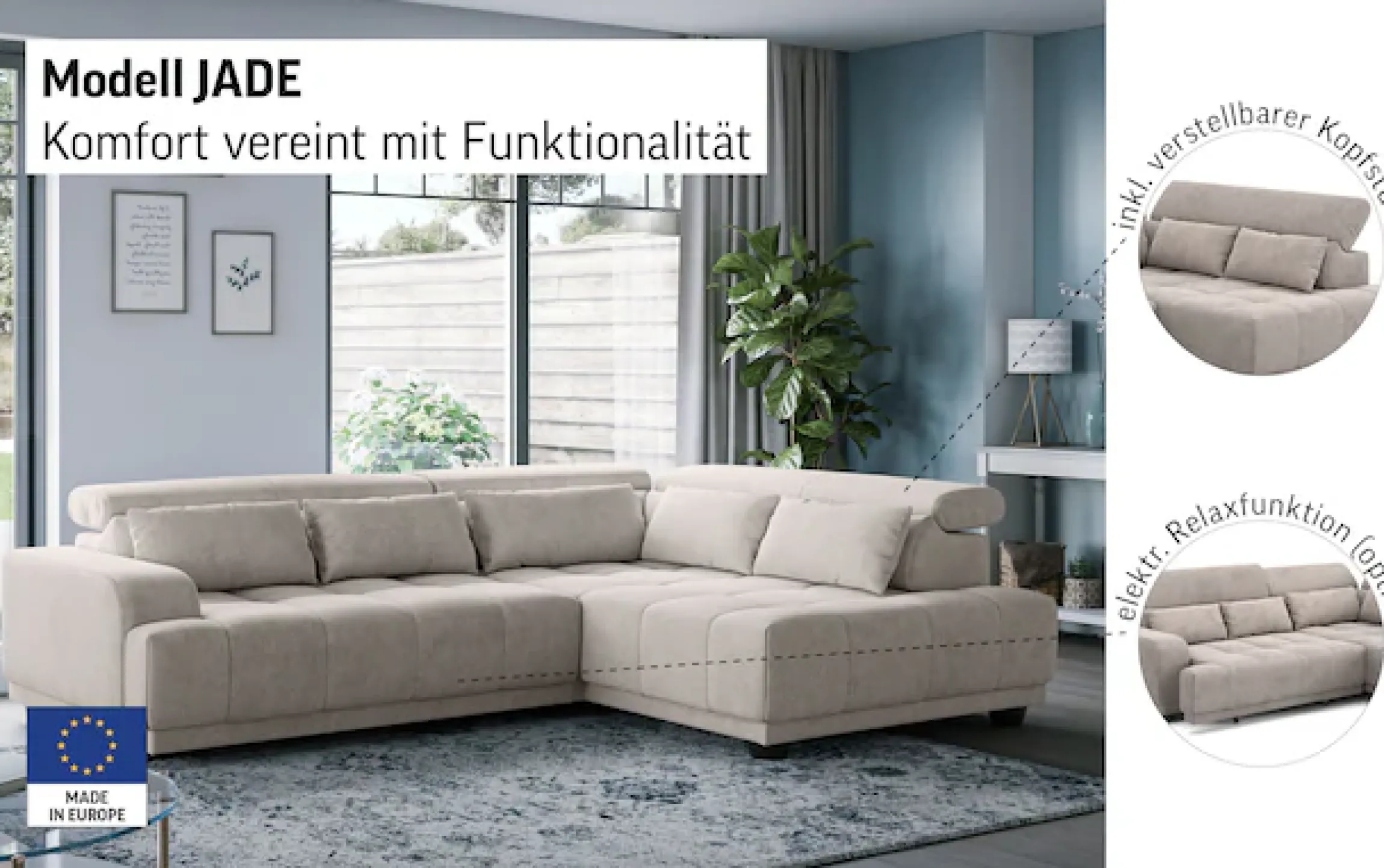 OTTO home Ecksofa »Jade L Form, Breite: 270 cm, mit Kopfteilverstellung & Nierenkissen« optional elektr. Sitztiefenverstellung
