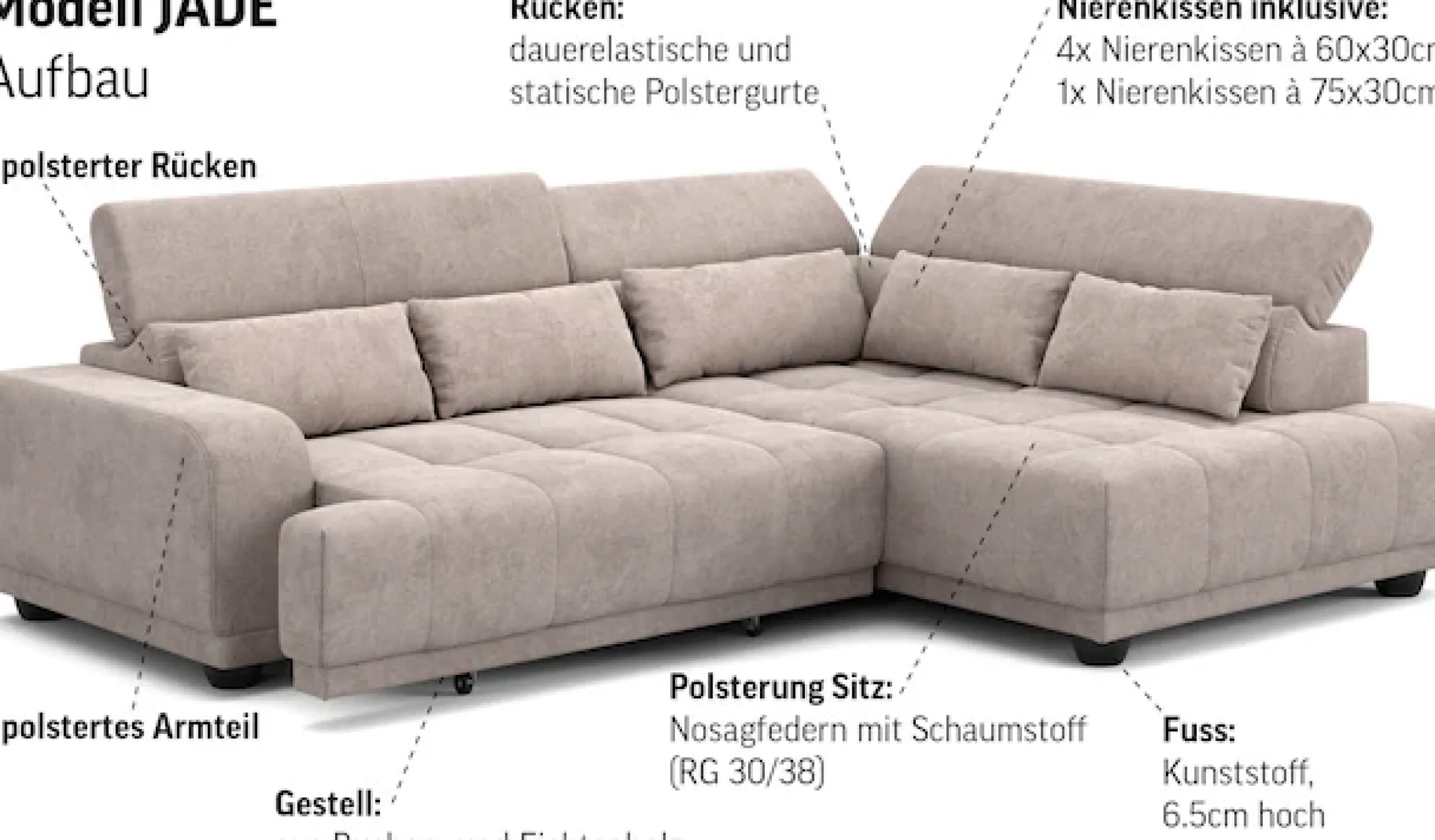 OTTO home Ecksofa »Jade L Form, Breite: 270 cm, mit Kopfteilverstellung & Nierenkissen« optional elektr. Sitztiefenverstellung