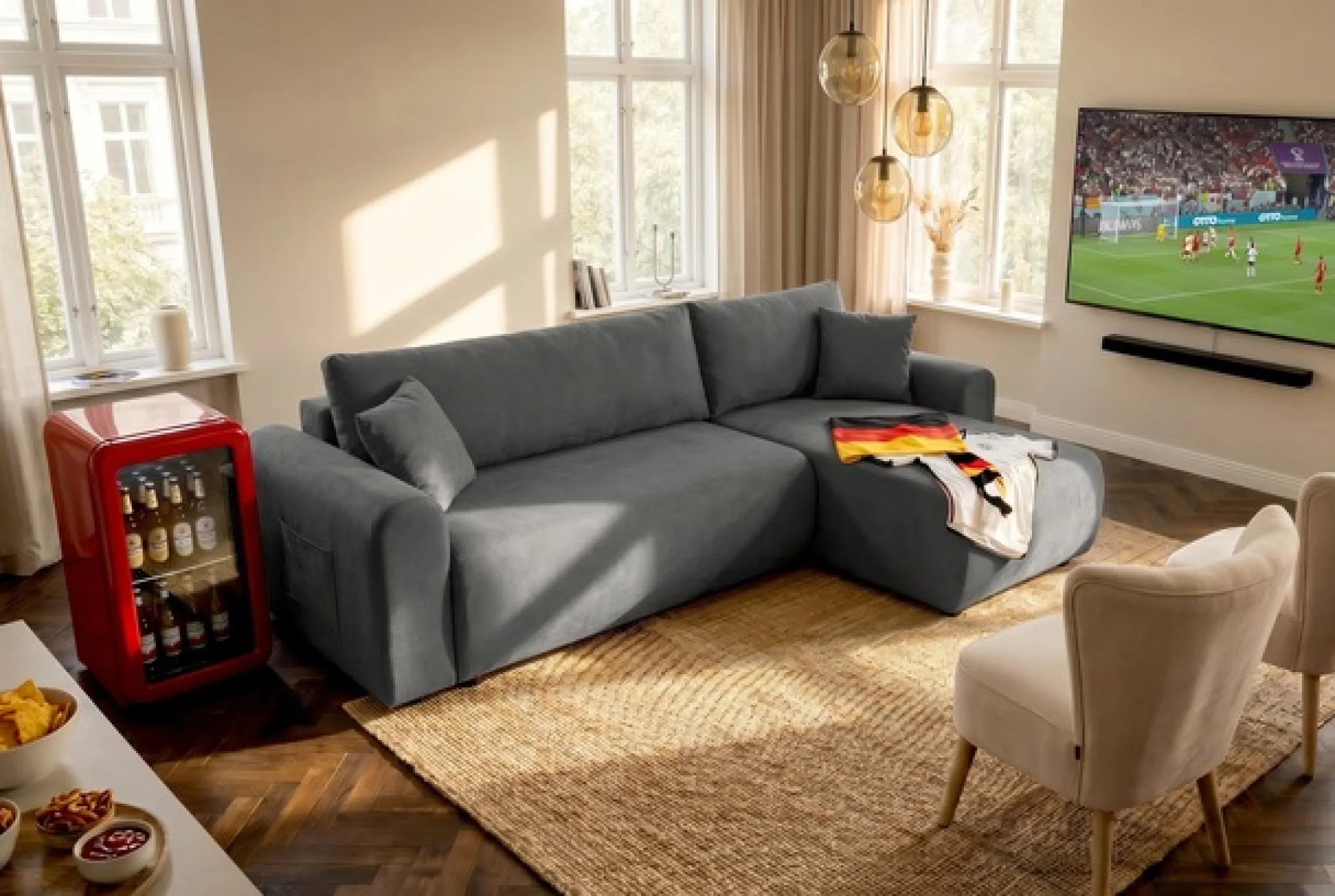 OTTO home Ecksofa »JONAA Feinstruktur L-Form, 241cm. OTTO. Verlässliche Qualität« Tonnentaschen-Federkern, Bettkasten, Schlafsofa (133/200)