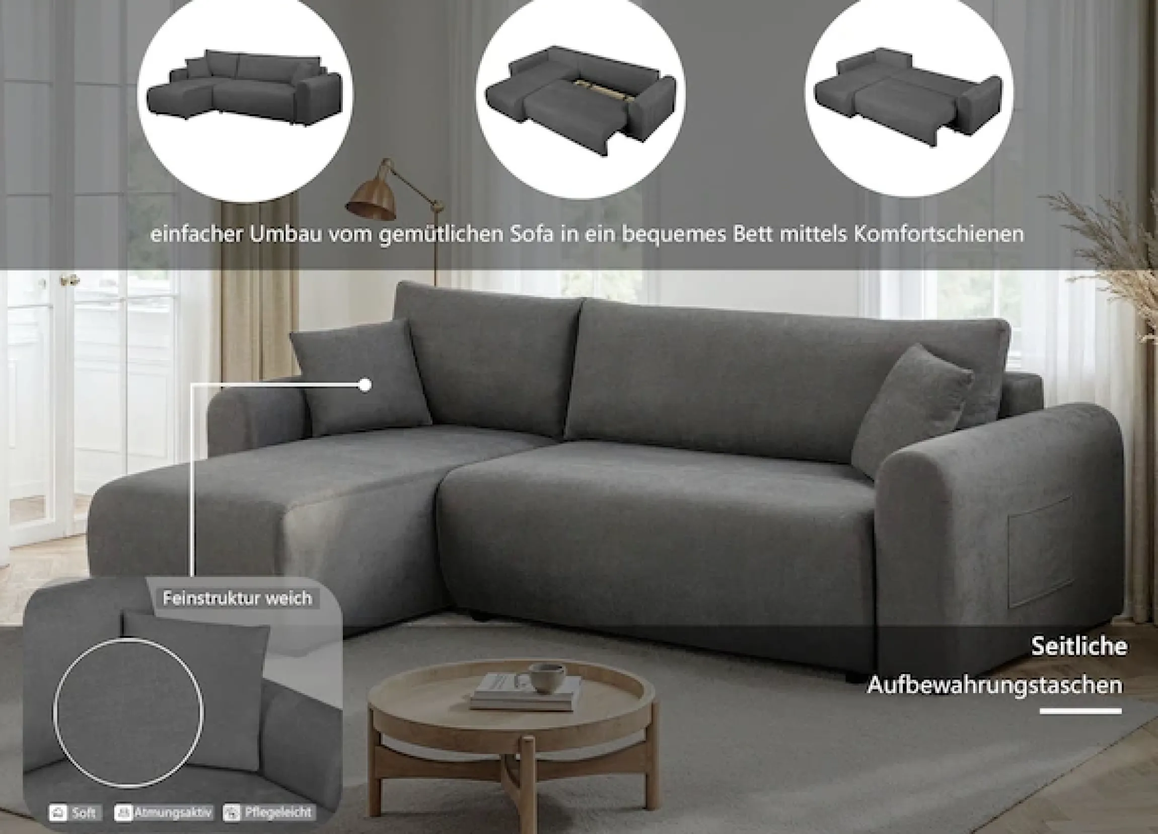 OTTO home Ecksofa »JONAA Feinstruktur L-Form, 241cm. OTTO. Verlässliche Qualität« Tonnentaschen-Federkern, Bettkasten, Schlafsofa (133/200)