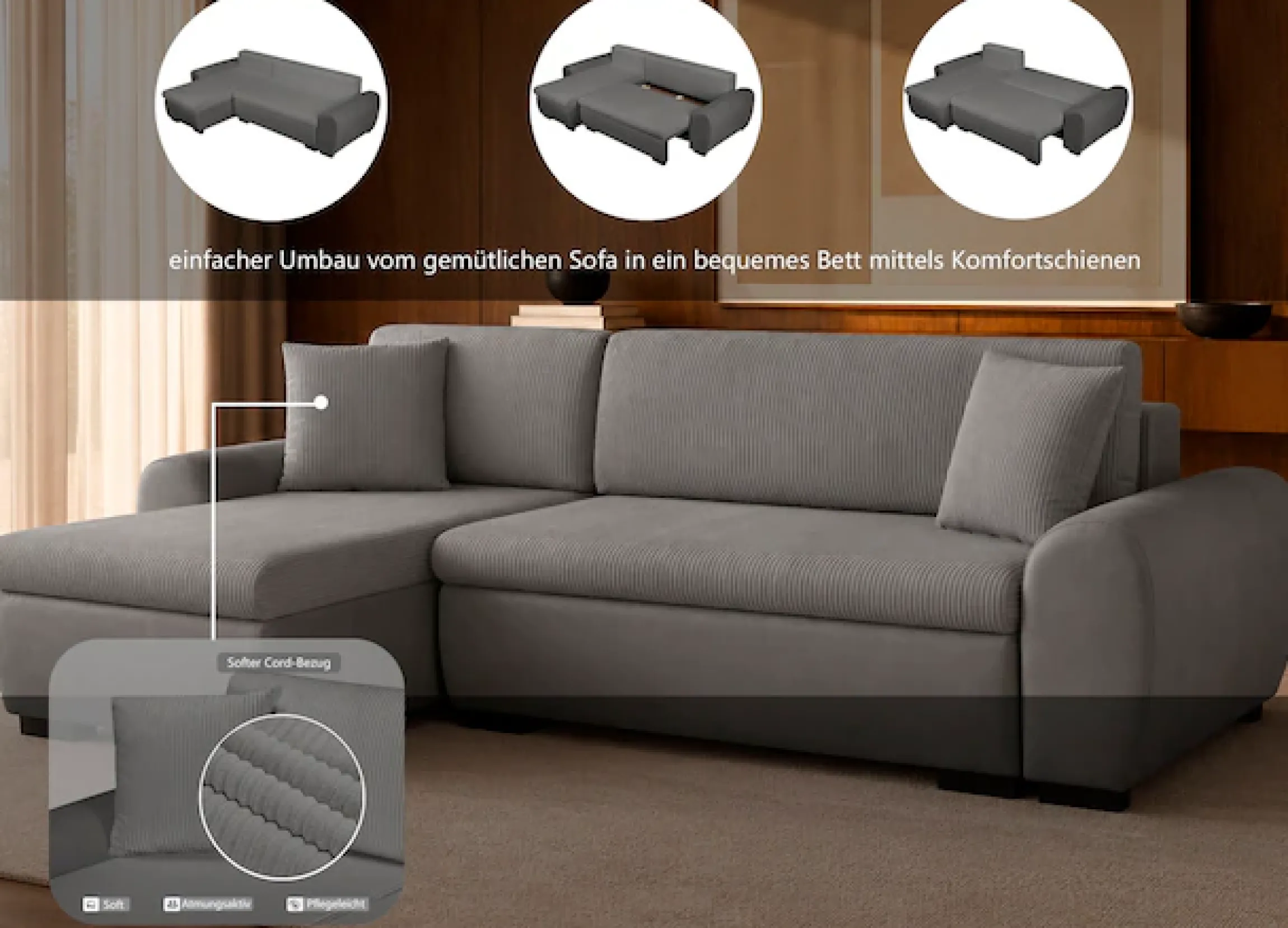OTTO home Ecksofa »KIVELLA Cord-Struktur, L-Form, 240 cm« Schlaffunktion(128/191), Bettkasten, Cord-Struktur-Mix