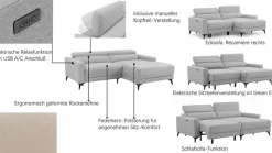 OTTO home Ecksofa »LEWII, Schlafsofa elektrisch mit Sitztiefenverstellung, L-Form, 225 cm« mit USB A/C-Anschluss. Federkern, verstellbaren Kopfstützen, Webstoff