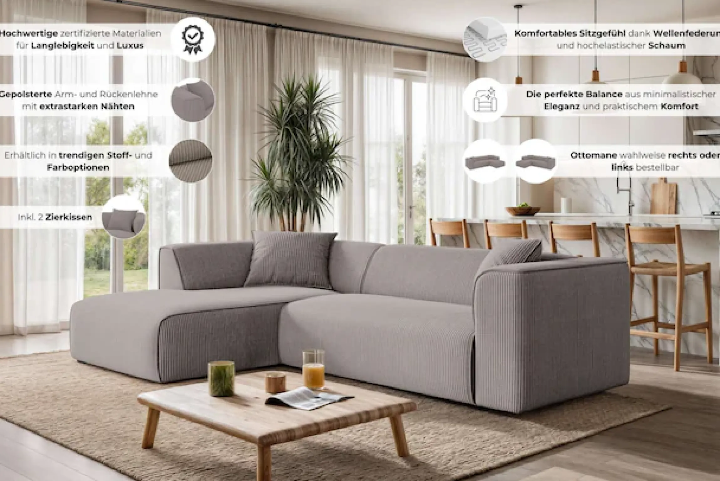 OTTO home Ecksofa »Merid L-Form, Sofa-Fix, B: 254 cm - OTTO. Verlässliche Qualität.« Ottomane rechts/links, belastbar bis 460kg, nicht modulare Sofa