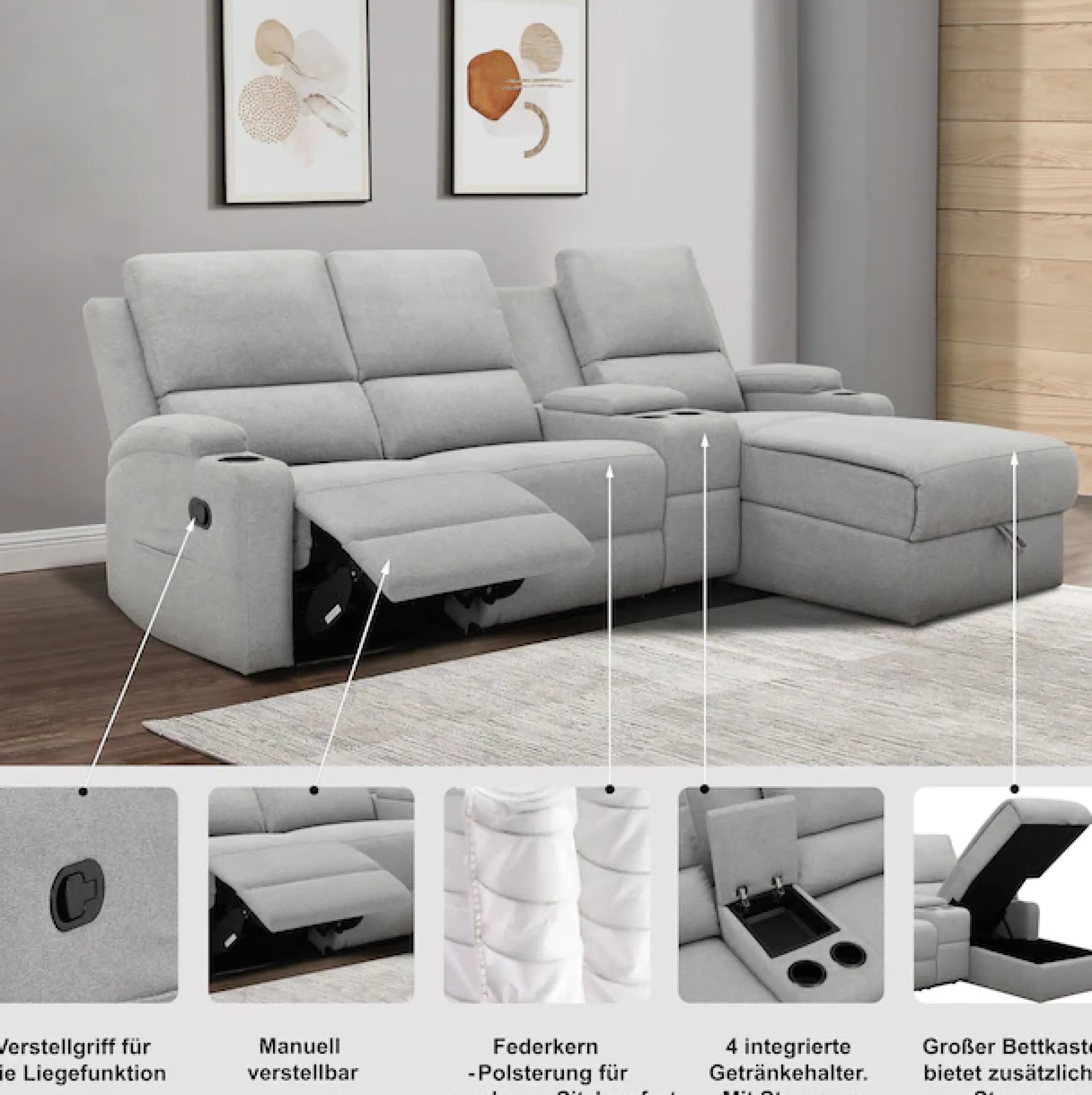 OTTO home Ecksofa »NAPORI Cord, Multimediasofa, 3er Kinosessel XXL, L-Form« Kinosofa, manuelle o. elektr. Relaxfunktion, Staufach, Getränkehalter