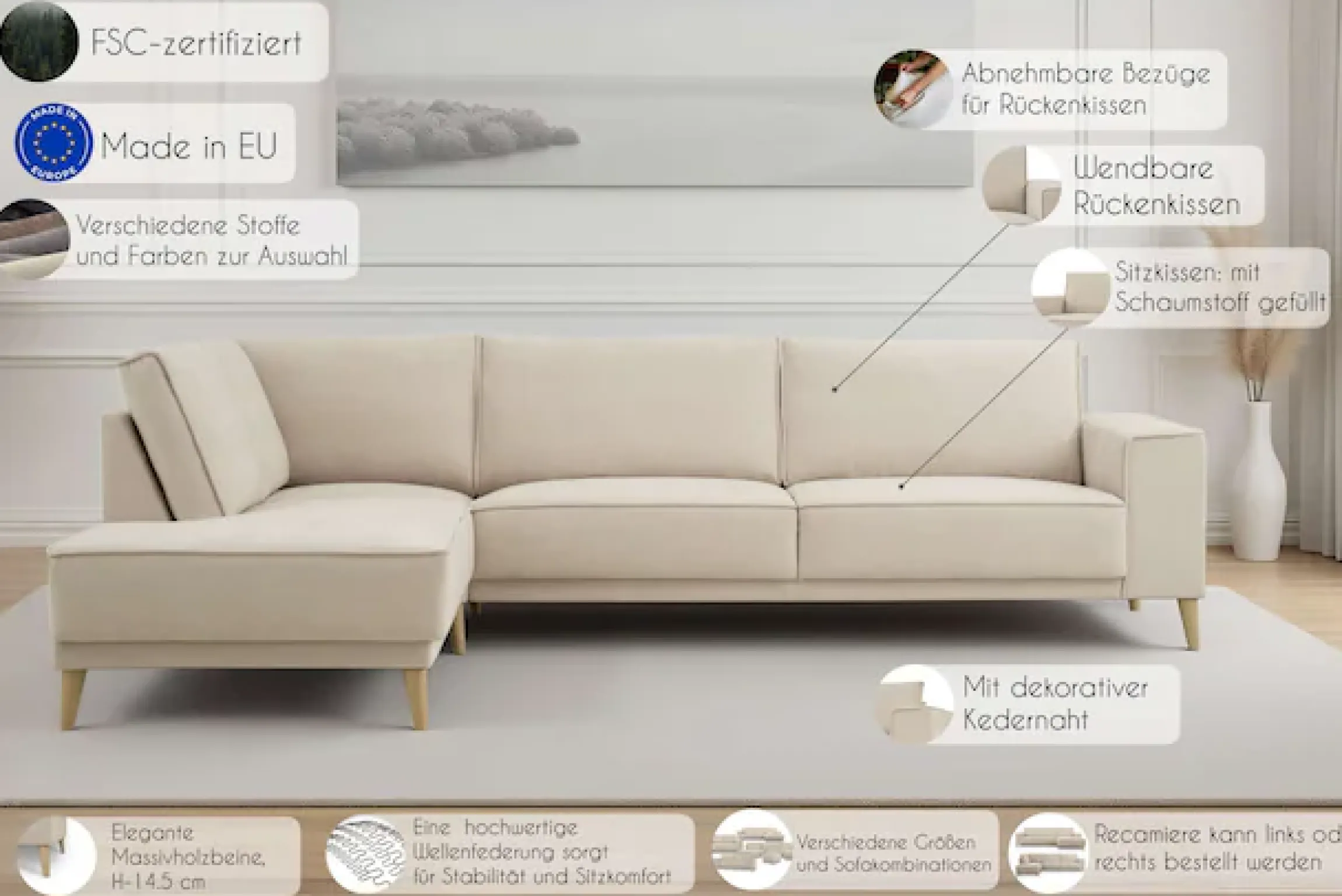 OTTO home Ecksofa »Oland Skandi, weicher Chenille-Stoff« L-Form, 289 cm, Wellenunterfederung, Skandi-Design, Massivholzfüße