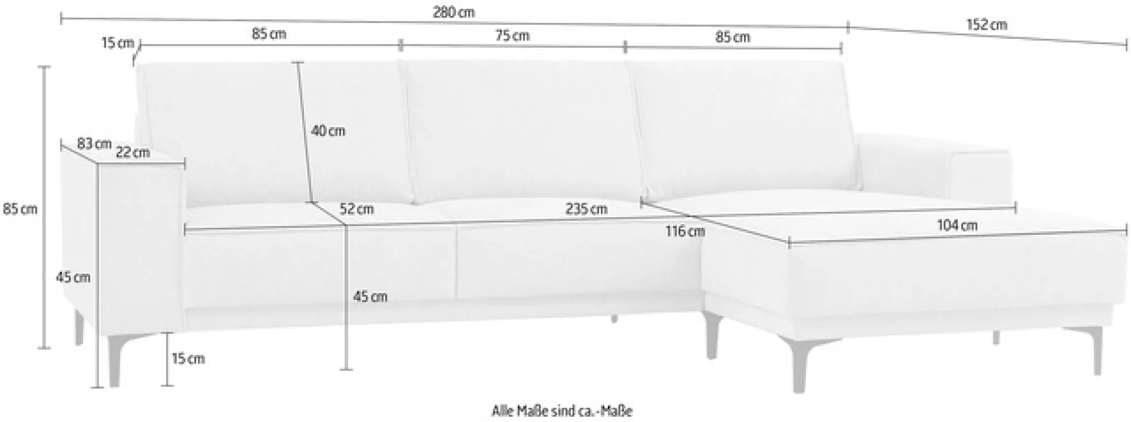 OTTO home Ecksofa »OLAND Struktur L-Form, B: 280 cm, Skandi-Design« L-Form, 280 cm, Wellenunterfederung, Skandi-Design, Metallfüße