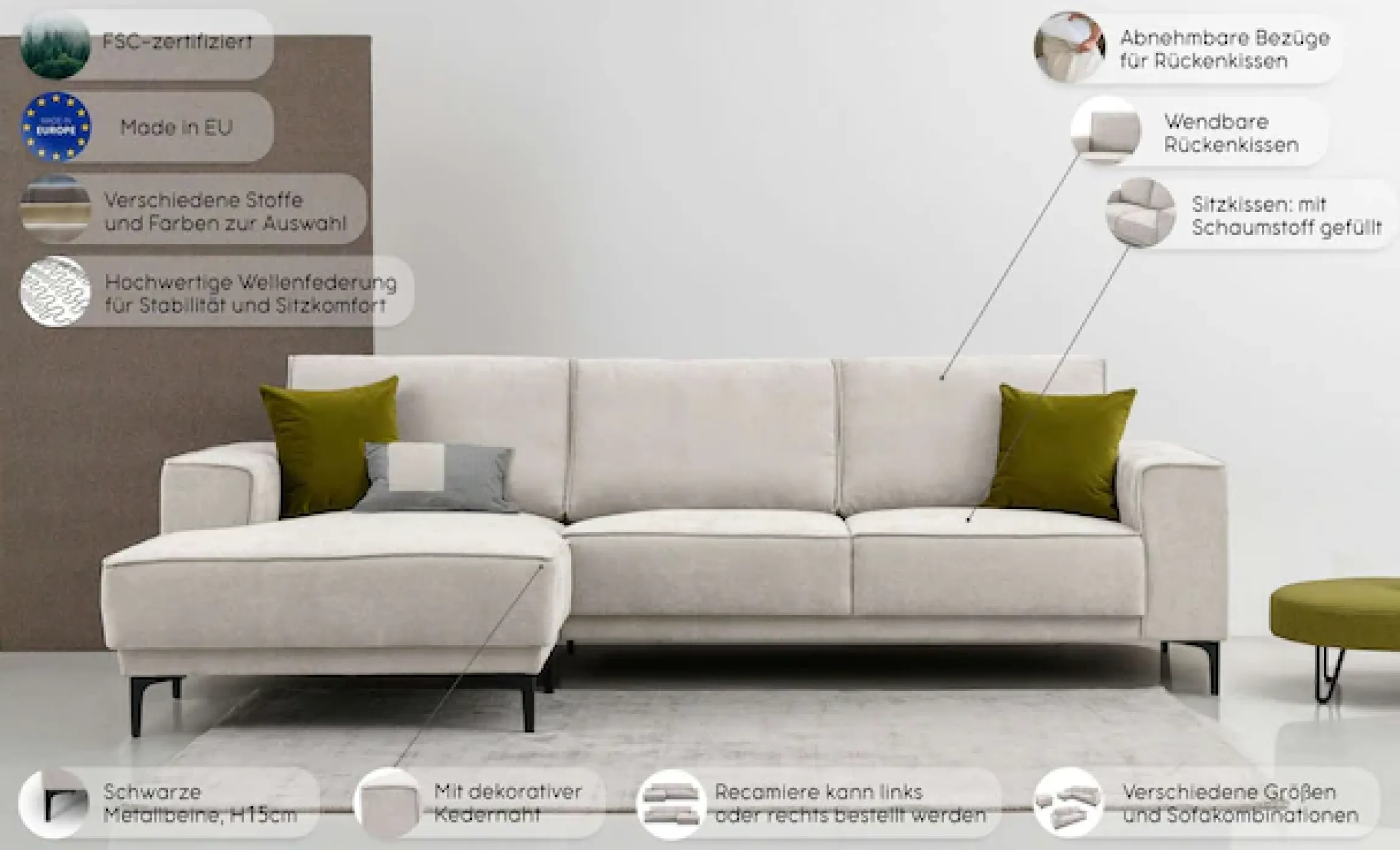 OTTO home Ecksofa »OLAND Struktur L-Form, B: 280 cm, Skandi-Design« L-Form, 280 cm, Wellenunterfederung, Skandi-Design, Metallfüße