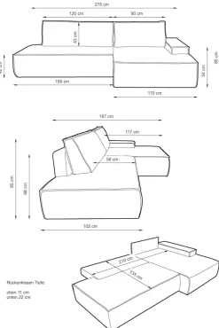 OTTO home Ecksofa »SHERWOOD LeinenoptikSchlafsofa in L-Form offen (275cm)« Schlaffunktion und Bettkasten, Kedernaht, hoher Sitz- & Liegekomfort,