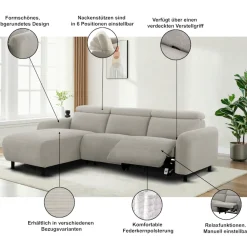 OTTO home Ecksofa »SKAANE Lederoptik, L-Form, 274 cm, manuelle/elektrische Relaxfunktion,« rundes Design, Kopfteilverstellung, Federkernpolsterung