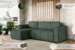 OTTO home Ecksofa »Zacharia wahlweise Schlafsofa mit Bettkasten, B/T/H 250/166/86 cm« L-Form mit Wellenunterfederung, Recamiere beidseitig montierbar