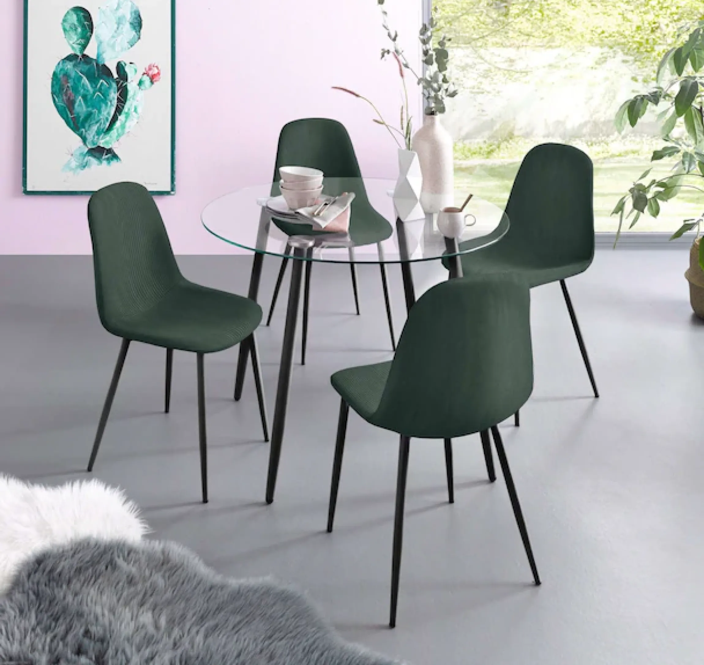 OTTO home Essgruppe »Danny-Miller« Set, Set 100 cm, 5 Stk. tlg. Glastisch 100x100 cm mit 4 Stühlen in Cord, Gestell aus Metall