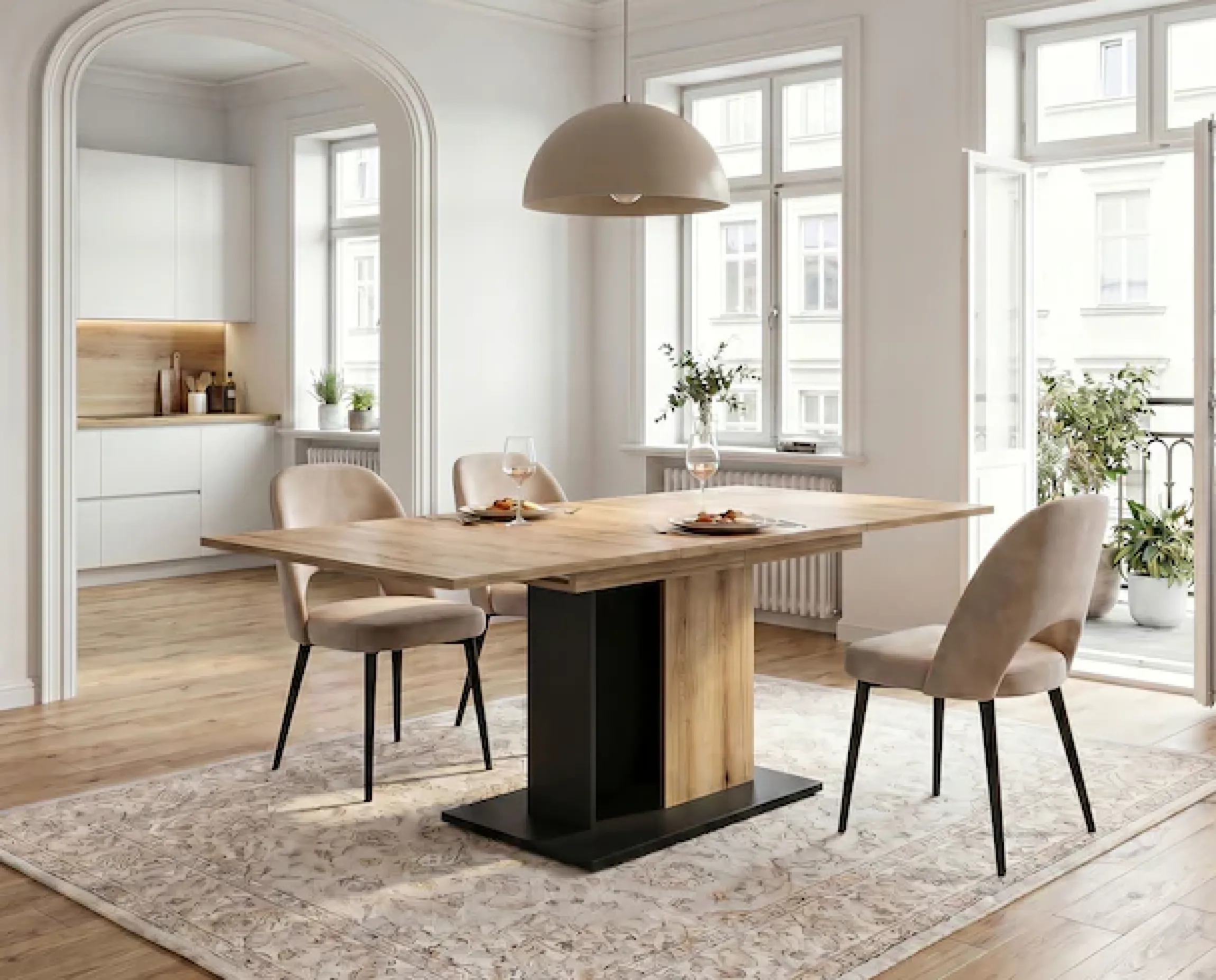 OTTO home Esstisch »MONOLITH, ausziehbar 150 -230 cm, inklusive 2x 40 cm Einlegeplatte« Doppelsäulen-Gestell mit Bodenplatte, Tisch, Küchentisch, Esszimmer