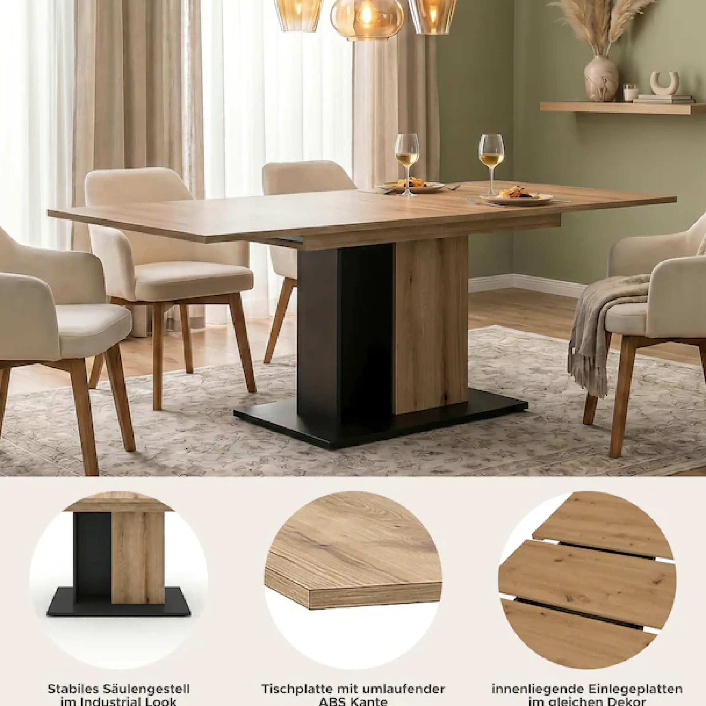OTTO home Esstisch »MONOLITH, ausziehbar 150 -230 cm, inklusive 2x 40 cm Einlegeplatte« Doppelsäulen-Gestell mit Bodenplatte, Tisch, Küchentisch, Esszimmer