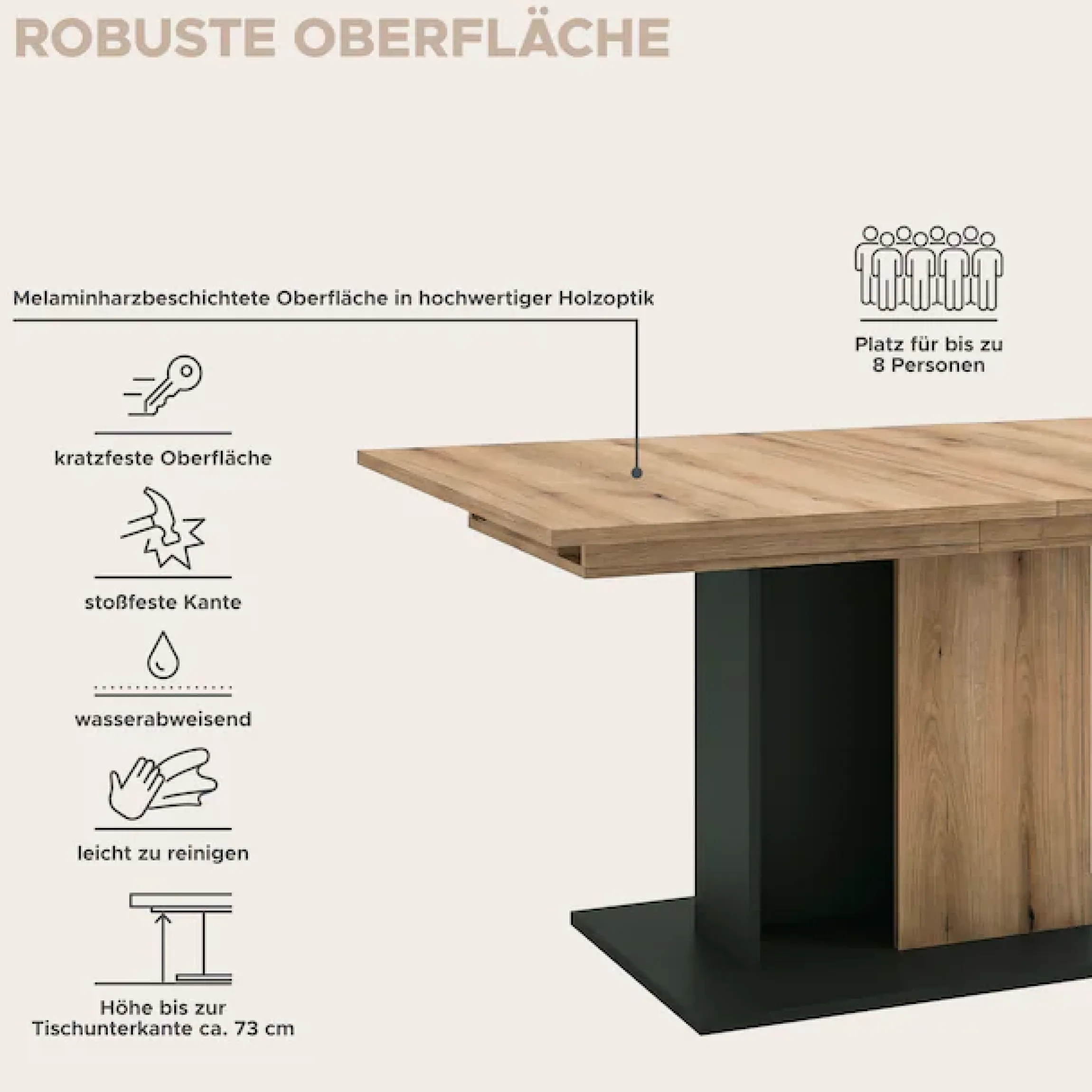 OTTO home Esstisch »MONOLITH, ausziehbar 150 -230 cm, inklusive 2x 40 cm Einlegeplatte« Doppelsäulen-Gestell mit Bodenplatte, Tisch, Küchentisch, Esszimmer