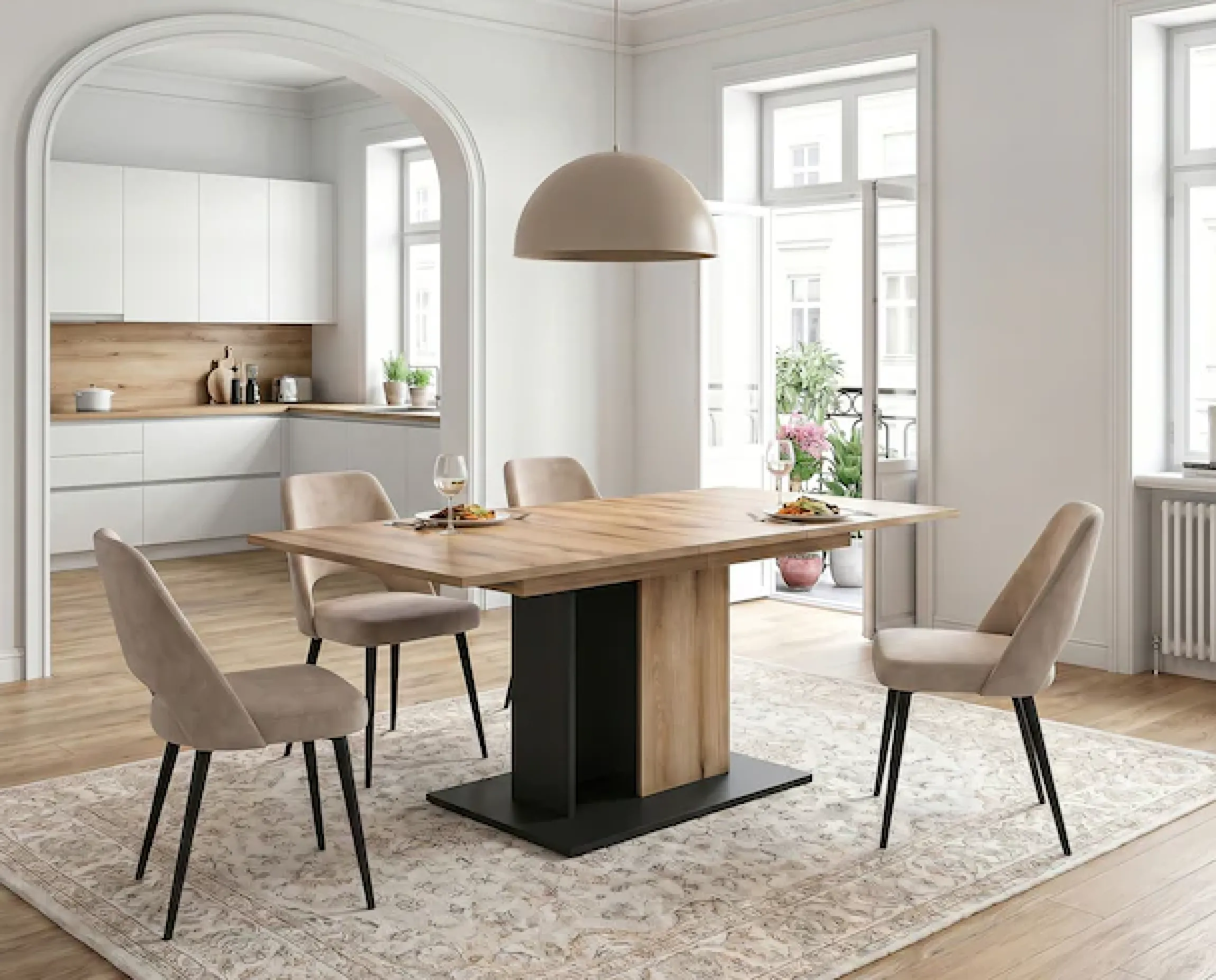 OTTO home Esstisch »MONOLITH, ausziehbar 150 -230 cm, inklusive 2x 40 cm Einlegeplatte« Doppelsäulen-Gestell mit Bodenplatte, Tisch, Küchentisch, Esszimmer