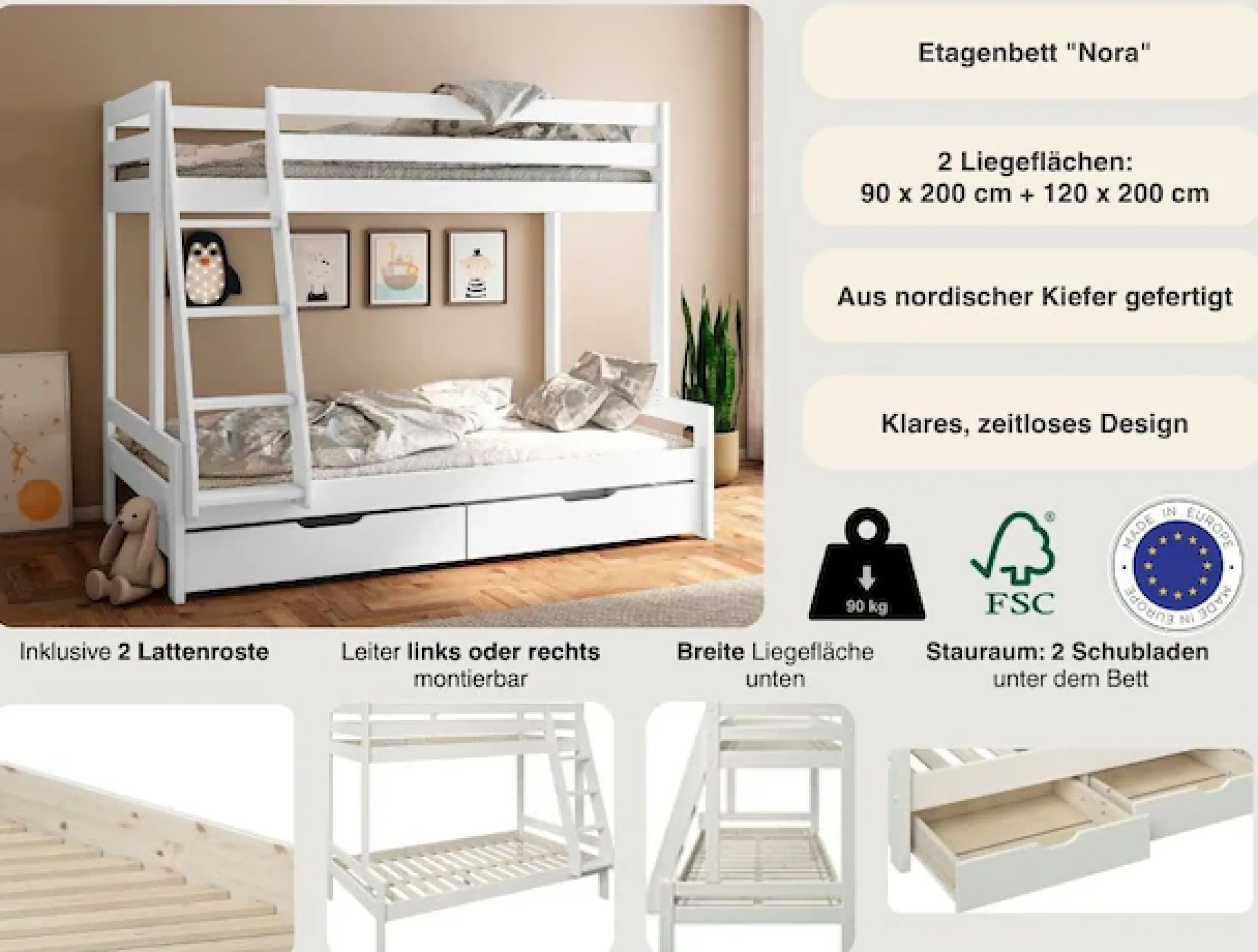OTTO home Etagenbett »Doppelstockbett, Hochbett, "NORA"« Leiter beidseitig montierbar,mit Schubladen, zertifiziertes Massivholz, breite Liegefläche unten
