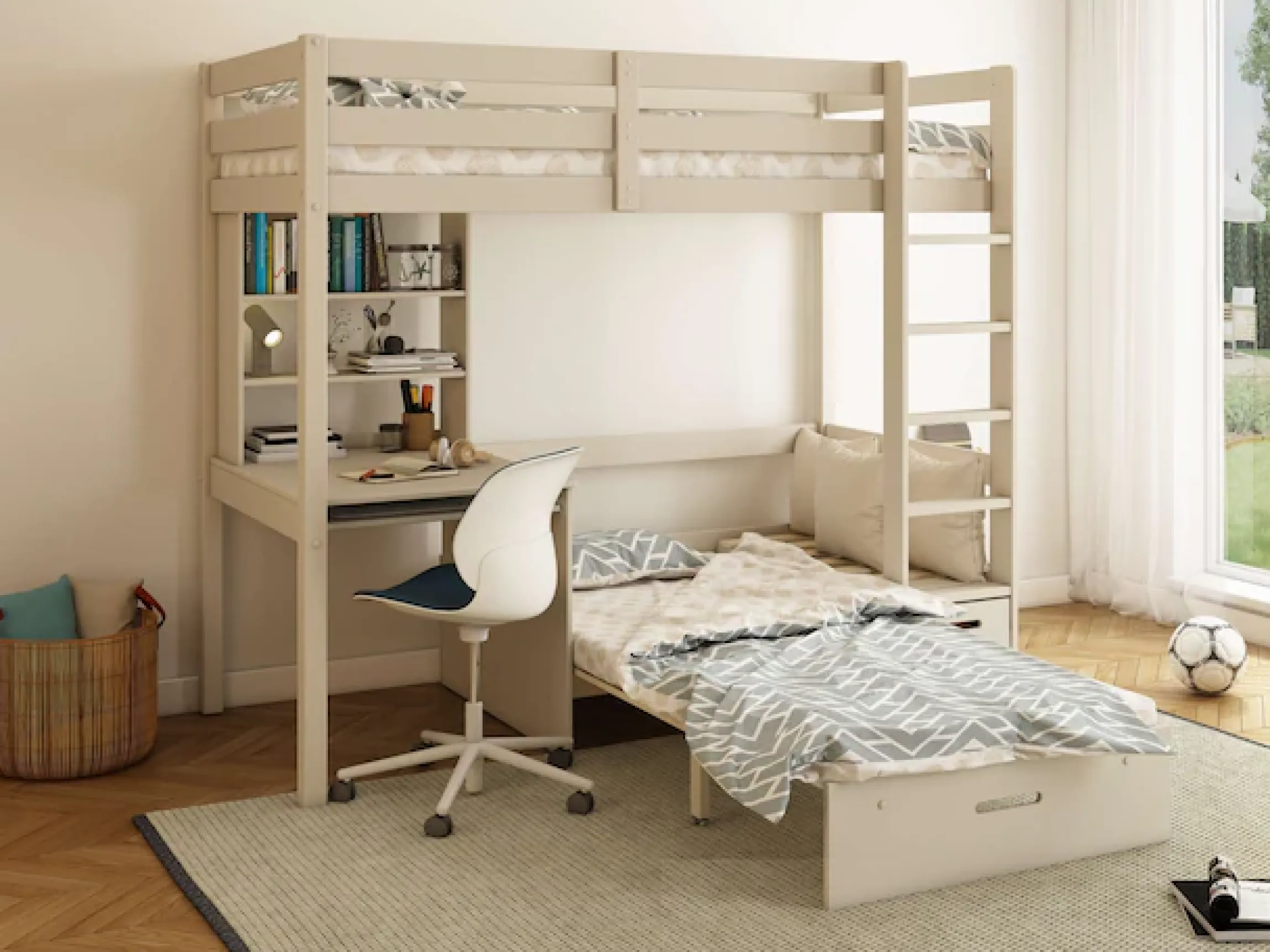 OTTO home Etagenbett »HENNE' TOPSELLER! Hochbett, Ideal für kleine Räume, 2 Schlafplätze« zweiter Schlafplatz ausziehbar, B/H/T ca. 208/180/105cm,mit Polsterauflagen, Schreibtisch, Stauraum, seitenverkehrt montierbar