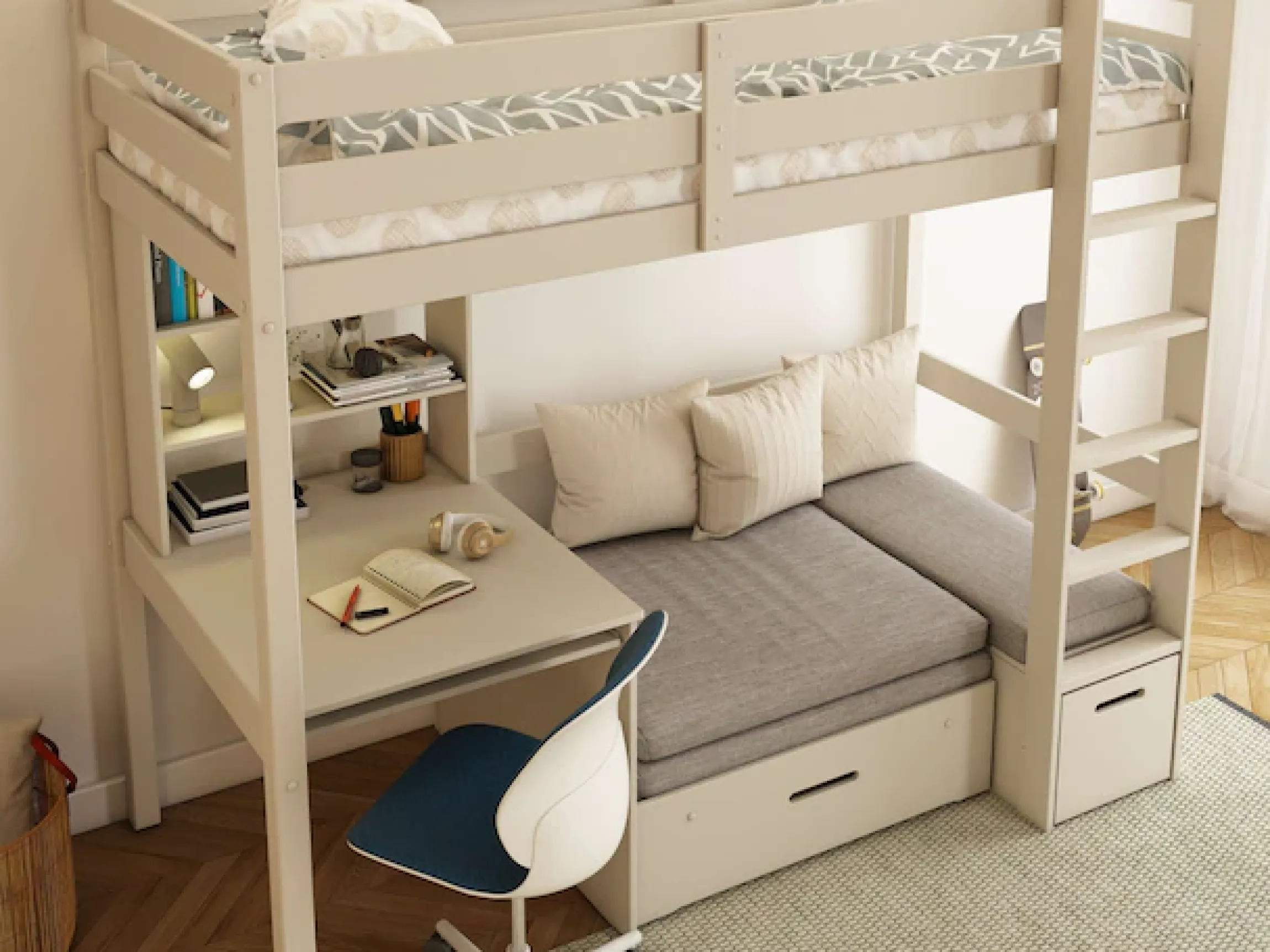 OTTO home Etagenbett »HENNE' TOPSELLER! Hochbett, Ideal für kleine Räume, 2 Schlafplätze« zweiter Schlafplatz ausziehbar, B/H/T ca. 208/180/105cm,mit Polsterauflagen, Schreibtisch, Stauraum, seitenverkehrt montierbar