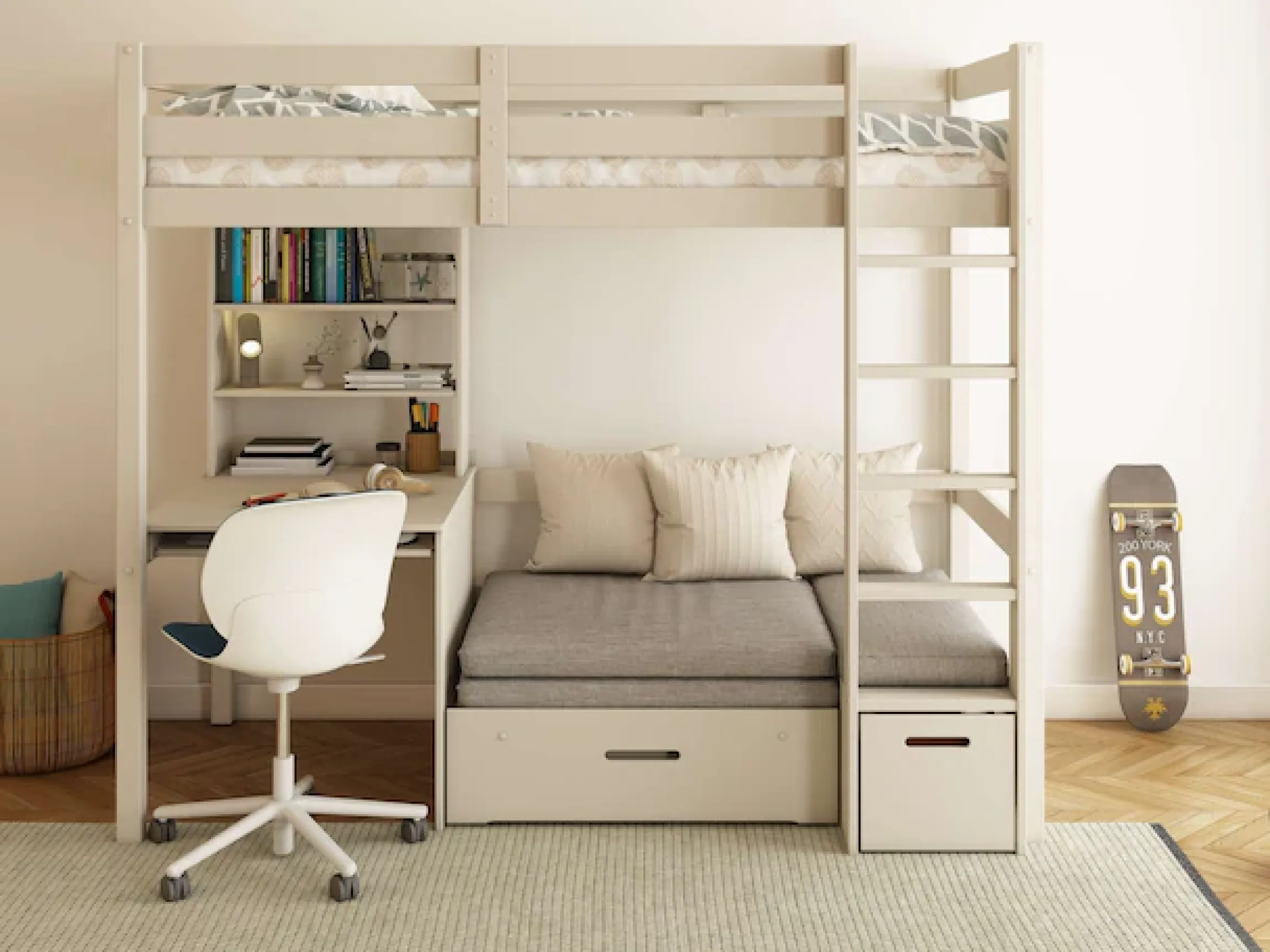 OTTO home Etagenbett »HENNE' TOPSELLER! Hochbett, Ideal für kleine Räume, 2 Schlafplätze« zweiter Schlafplatz ausziehbar, B/H/T ca. 208/180/105cm,mit Polsterauflagen, Schreibtisch, Stauraum, seitenverkehrt montierbar