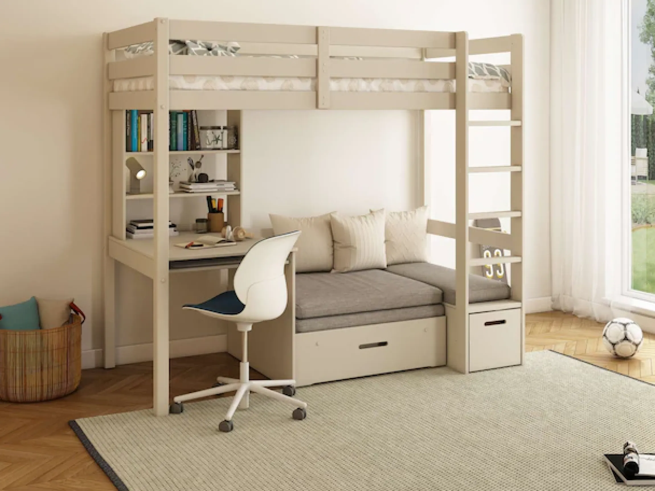 OTTO home Etagenbett »HENNE' TOPSELLER! Hochbett, Ideal für kleine Räume, 2 Schlafplätze« zweiter Schlafplatz ausziehbar, B/H/T ca. 208/180/105cm,mit Polsterauflagen, Schreibtisch, Stauraum, seitenverkehrt montierbar
