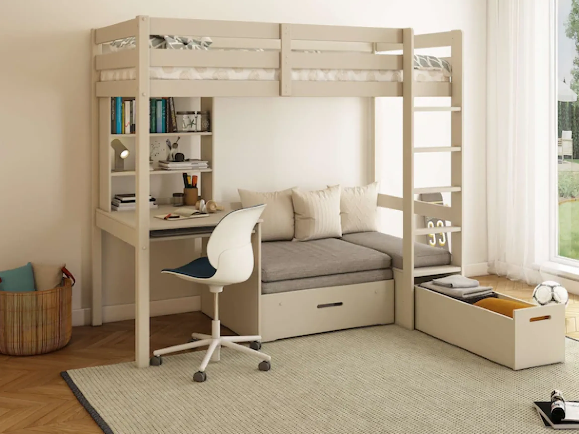 OTTO home Etagenbett »HENNE' TOPSELLER! Hochbett, Ideal für kleine Räume, 2 Schlafplätze« zweiter Schlafplatz ausziehbar, B/H/T ca. 208/180/105cm,mit Polsterauflagen, Schreibtisch, Stauraum, seitenverkehrt montierbar