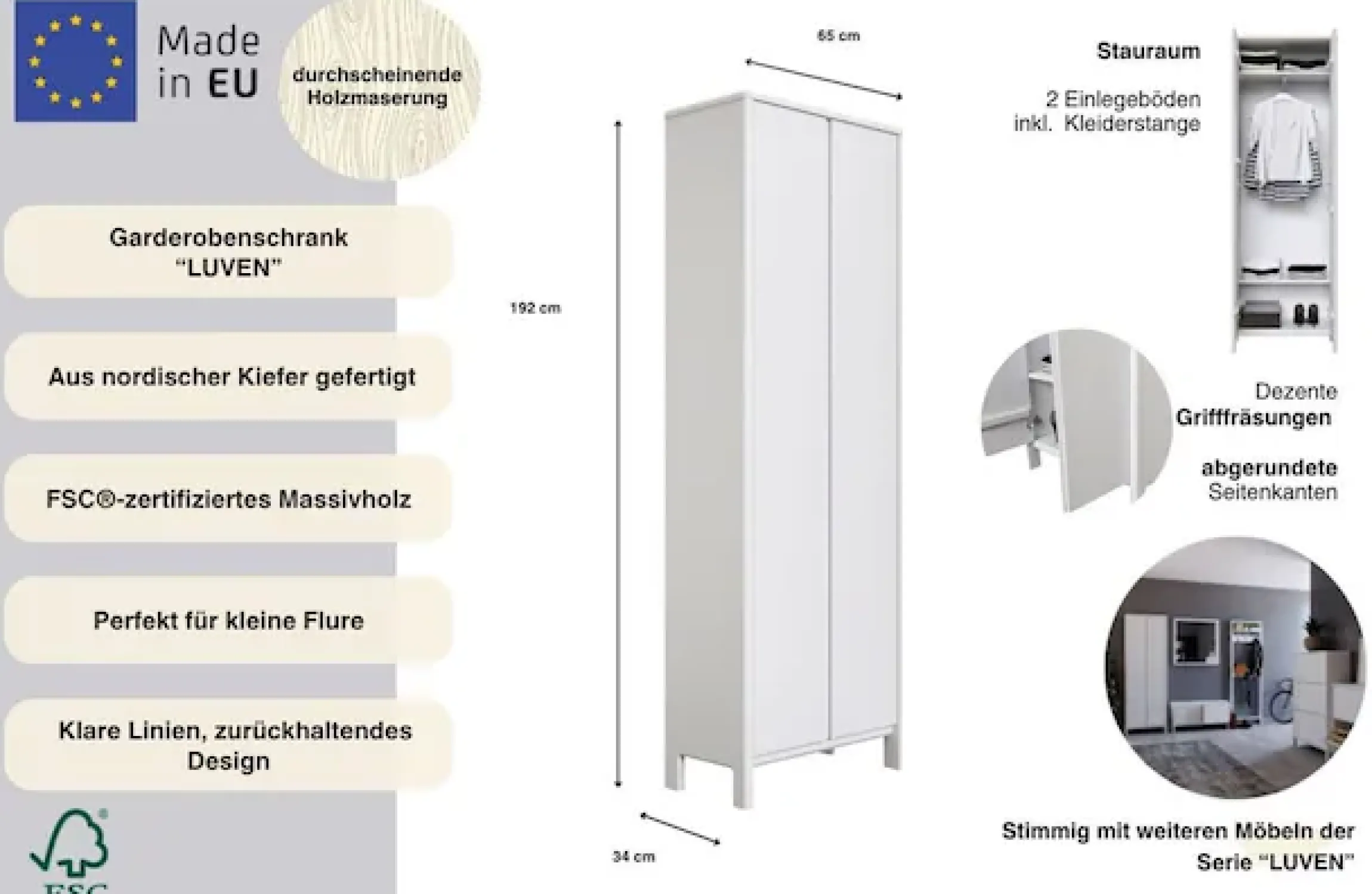 OTTO home Garderobenschrank »Luven, Dielenschrank, Kleiderschrank, Schrank« FSC®-zertifiziertes Massivholz, Höhe 192 cm