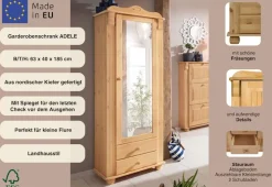 OTTO home Garderobenschrank »Adele« mit Spiegel, Breite 63 cm, mit 2 Schubladen, aus massiver Kiefer, FSC®