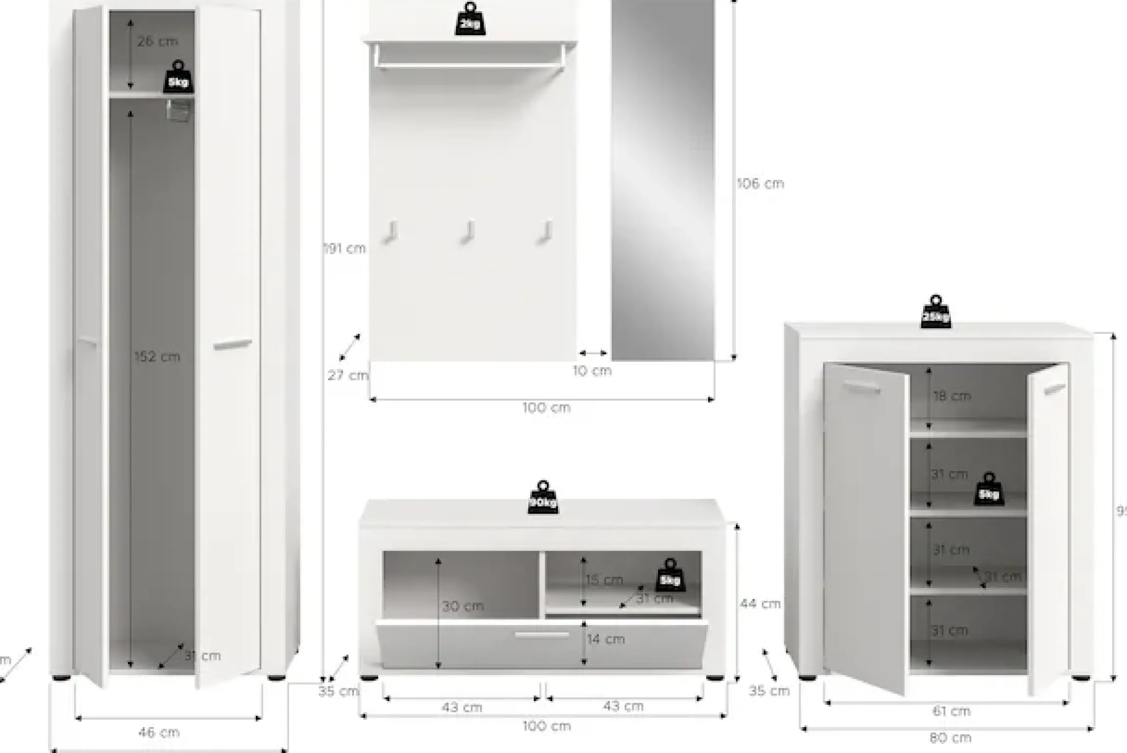 OTTO home Garderoben-Set »AOSTA, Breite 285cm, 5-teilige Garderobenkombination« Set, bestehend aus: Garderobenschrank, Sitzbank, Paneel, Spiegel & Kommode, 5 Stk. tlg.