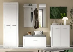 OTTO home Garderoben-Set »AOSTA, Breite 285cm, 6-teilige Garderobenkombination« Set, best. aus: Schrank, Sitzbank, Sitzkissen, Paneel, Spiegel & Kommode, 6 Stk. tlg.