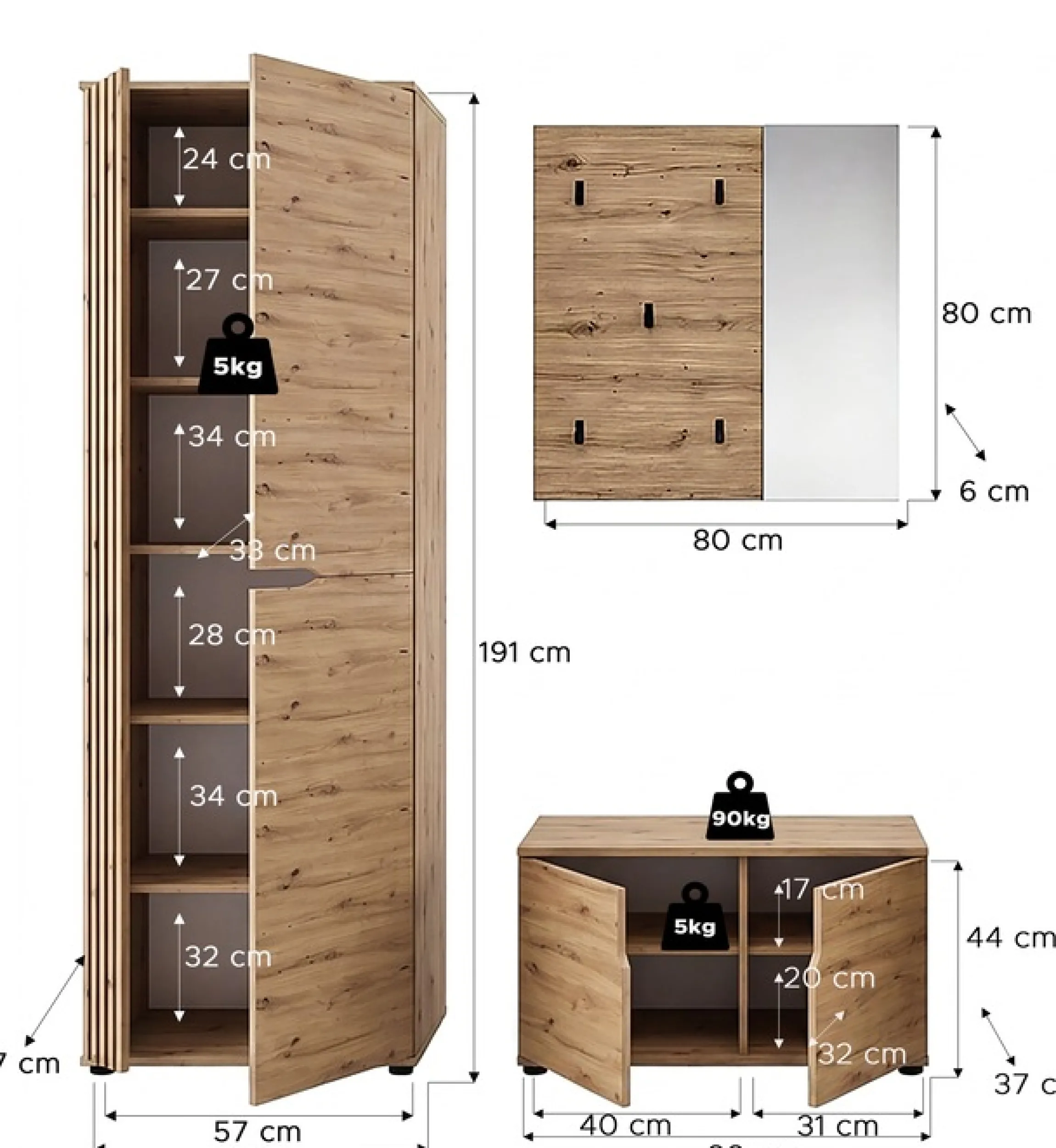 OTTO home Garderoben-Set »FJELL, 3-teilig, Breite 160cm, Front mit hochwertiger Längsfräsung«