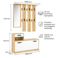 OTTO home Garderoben-Set »Luna Kommode mit 1 Klappe + 1 Schubkasten, Paneel mit Spiegel 6 Haken« 2 Stk. tlg.