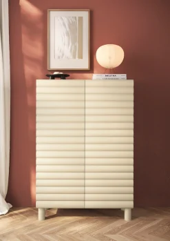 OTTO home Highboard »Adria, B/H 101/147 cm, 2 Türen, Hochkommode, Stauraumschrank« Korpus Talco Spatolato, MDF-Fronten in 3D-Design, viel Stauraum
