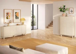 OTTO home Highboard »Adria, B/H 101/147 cm, 2 Türen, Hochkommode, Stauraumschrank« Korpus Talco Spatolato, MDF-Fronten in 3D-Design, viel Stauraum