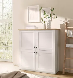 OTTO home Highboard »Brest, Schrank im Landhausstil, Wohnzimmerschrank, Mehrzweckschrank« schwarze Metallgriffe, ausreichend Stauraum, 128 cm hoch
