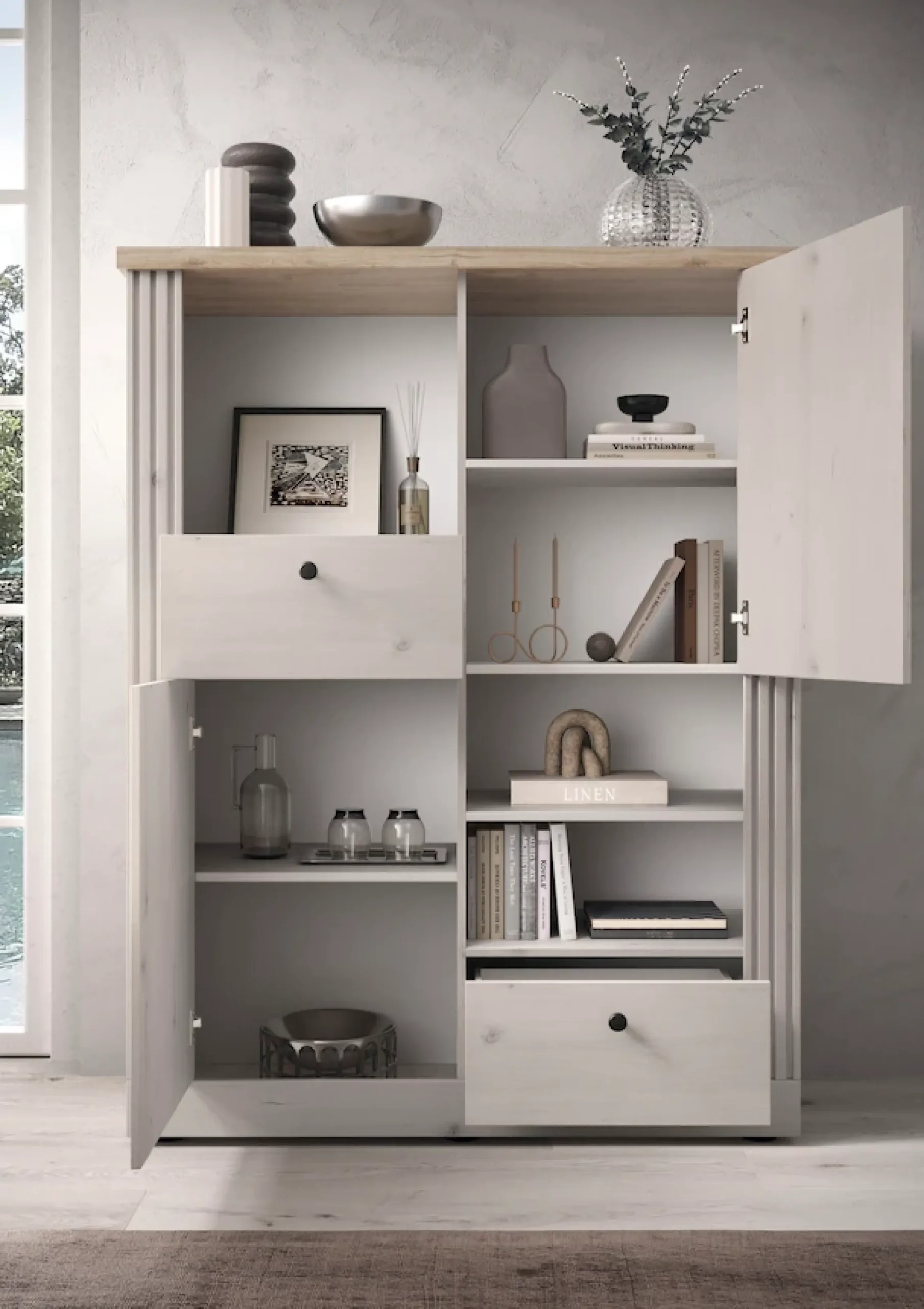 OTTO home Highboard »Country Höhe 160 cm u. Breite 118 cm, Kommode 2 Türen, 2 Schubkästen,« Schrank im Landhausstil, viel Stauraum, mit Metallgriffe, MDF-Rahmen