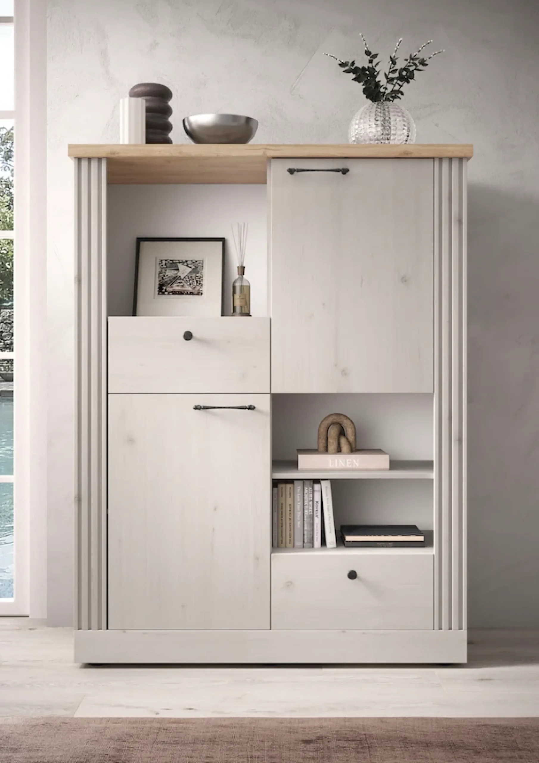 OTTO home Highboard »Country Höhe 160 cm u. Breite 118 cm, Kommode 2 Türen, 2 Schubkästen,« Schrank im Landhausstil, viel Stauraum, mit Metallgriffe, MDF-Rahmen