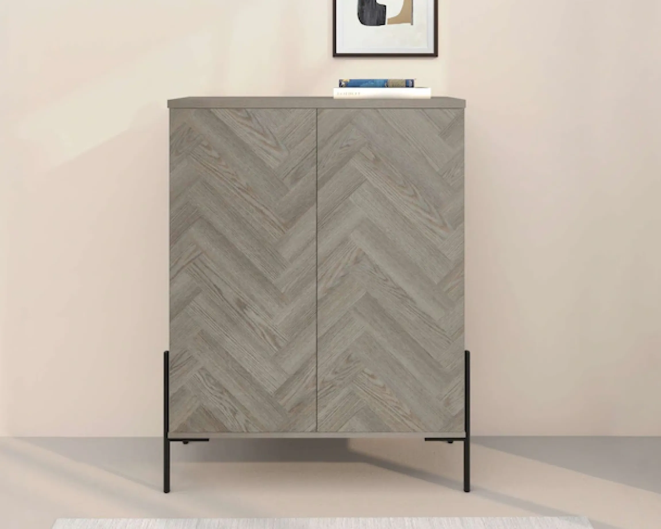 OTTO home Highboard »Eadwine« Kommode, Midischrank, Push-to-open, Türen mit Fischgräten Muster