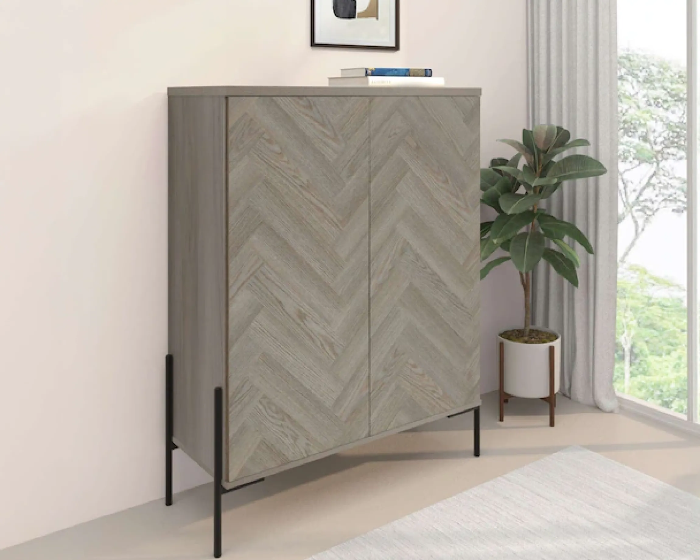 OTTO home Highboard »Eadwine« Kommode, Midischrank, Push-to-open, Türen mit Fischgräten Muster