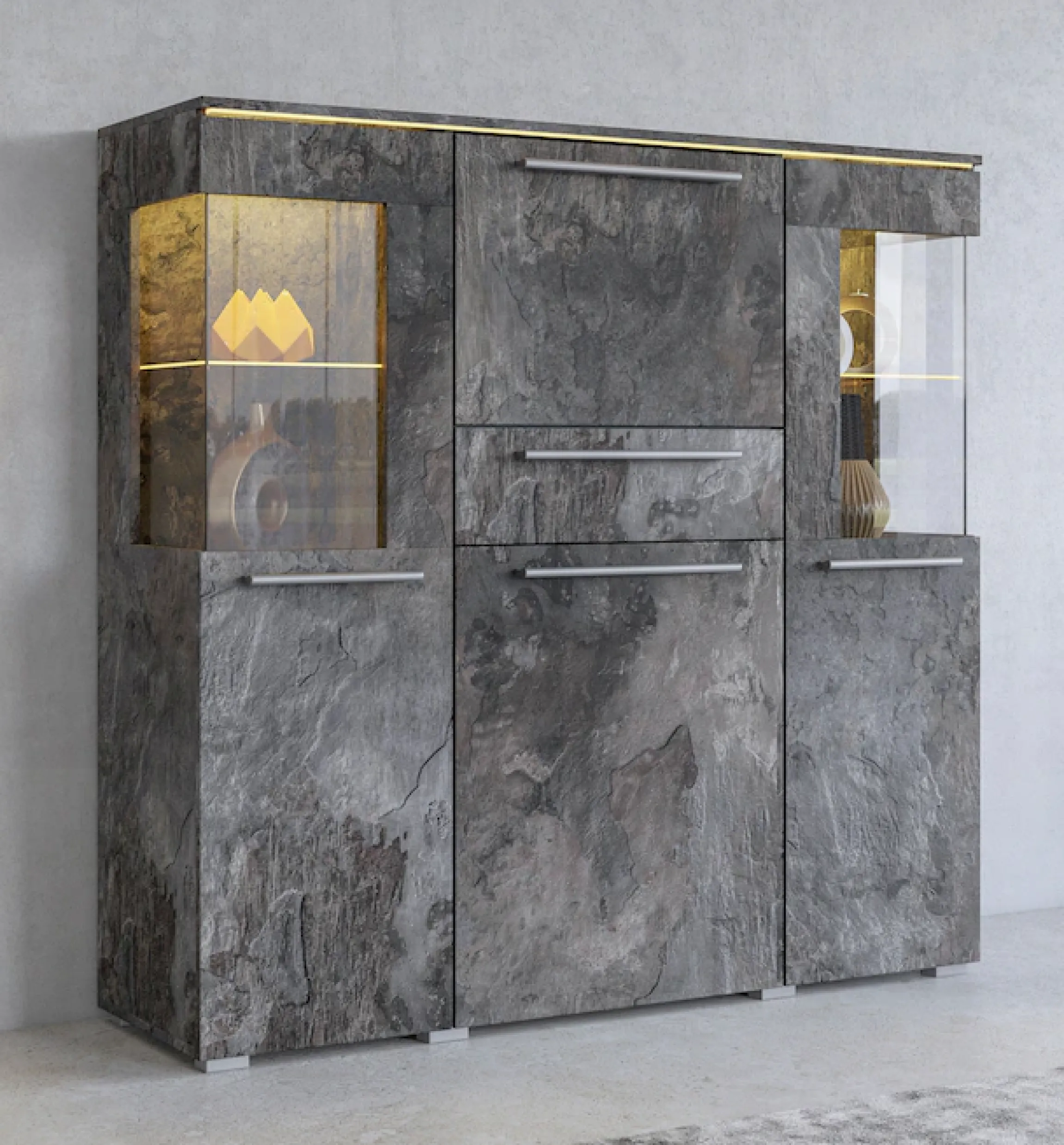 OTTO home Highboard »India,Breite 130cm, stilvolle Hochkommode 3Türen, Klappe und Schublade« Hochschrank viel Stauraum, Einlegeböden verstellbar,ohne Beleuchtung