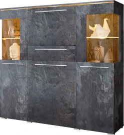OTTO home Highboard »India,Breite 130cm, stilvolle Hochkommode 3Türen, Klappe und Schublade« Hochschrank viel Stauraum, Einlegeböden verstellbar,ohne Beleuchtung