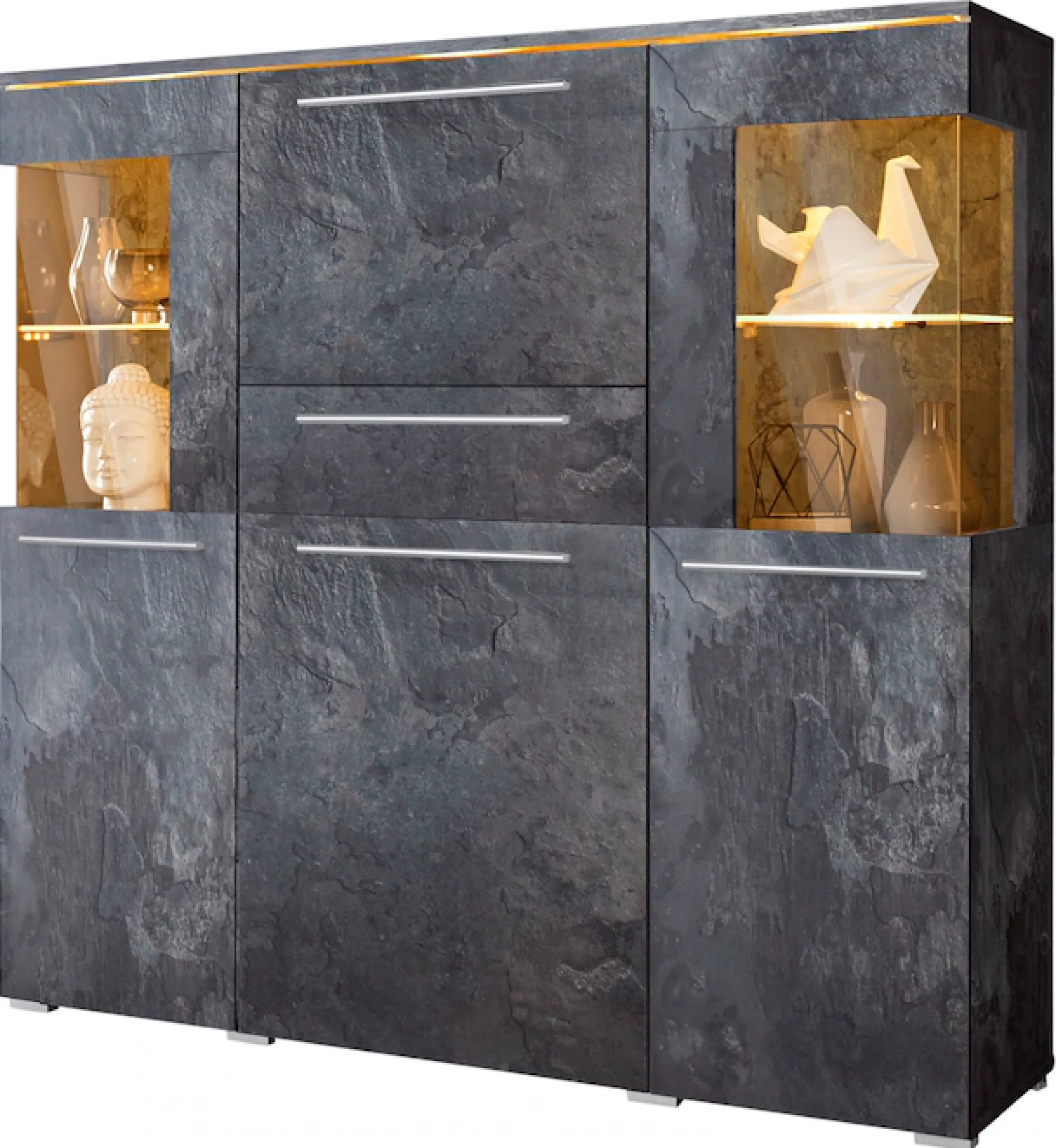 OTTO home Highboard »India,Breite 130cm, stilvolle Hochkommode 3Türen, Klappe und Schublade« Hochschrank viel Stauraum, Einlegeböden verstellbar,ohne Beleuchtung