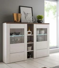 OTTO home Highboard »Larona, zeitlose Hochkommode mit 2 Türen, Türkommode, Höhe 129,5 cm,« Anrichte mit dekorative Rahmenoptik, Türen mit Glaseinsatz