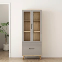 OTTO home Highboard »Lund« mit glänzenden Fronten, Glastüren, helles Holzdekor, Breite 70 cm