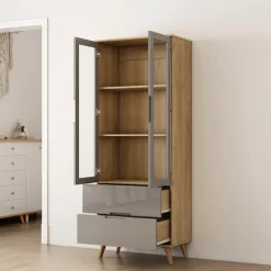 OTTO home Highboard »Lund« mit glänzenden Fronten, Glastüren, helles Holzdekor, Breite 70 cm