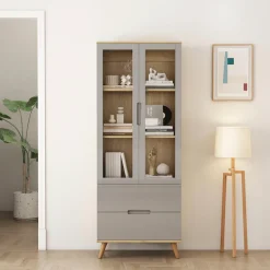 OTTO home Highboard »Lund« mit glänzenden Fronten, Glastüren, helles Holzdekor, Breite 70 cm