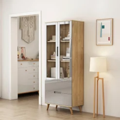OTTO home Highboard »Lund« mit glänzenden Fronten, Glastüren, helles Holzdekor, Breite 70 cm