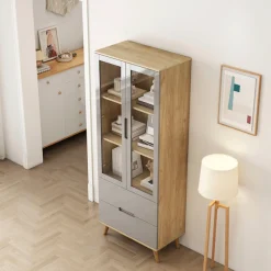 OTTO home Highboard »Lund« mit glänzenden Fronten, Glastüren, helles Holzdekor, Breite 70 cm