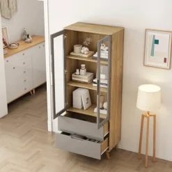 OTTO home Highboard »Lund« mit glänzenden Fronten, Glastüren, helles Holzdekor, Breite 70 cm