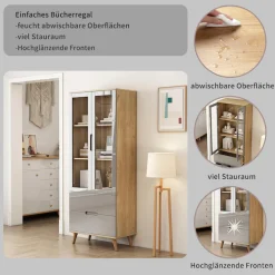 OTTO home Highboard »Lund« mit glänzenden Fronten, Glastüren, helles Holzdekor, Breite 70 cm