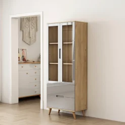 OTTO home Highboard »Lund« mit glänzenden Fronten, Glastüren, helles Holzdekor, Breite 70 cm